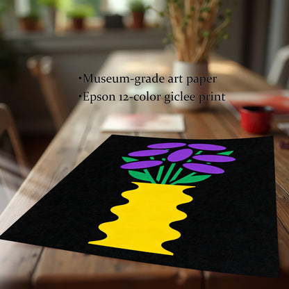 Close-up of an unframed, loose print featuring the yellow vase with purple and green flowers on a black background, resting on a wooden table. Text highlights print quality: Museum-grade art paper and Epson 12-color giclee print.