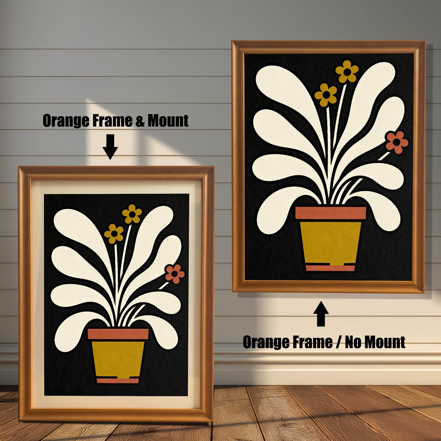 A side-by-side comparison of the abstract potted plant art print in an Orange-colored wood frame. The left image shows the frame with a Mount (mat), and the right image shows the frame without a mount.