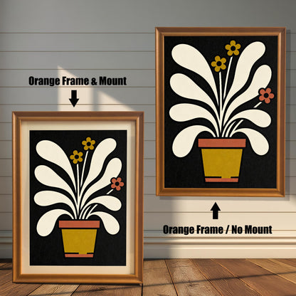 A side-by-side comparison of the abstract potted plant art print in an Orange-colored wood frame. The left image shows the frame with a Mount (mat), and the right image shows the frame without a mount.