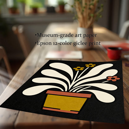 A close-up view of the unframed abstract potted plant art print laying on a wooden table, emphasizing the print quality. Text notes Museum-grade art paper and Epson 12-color giclee print.