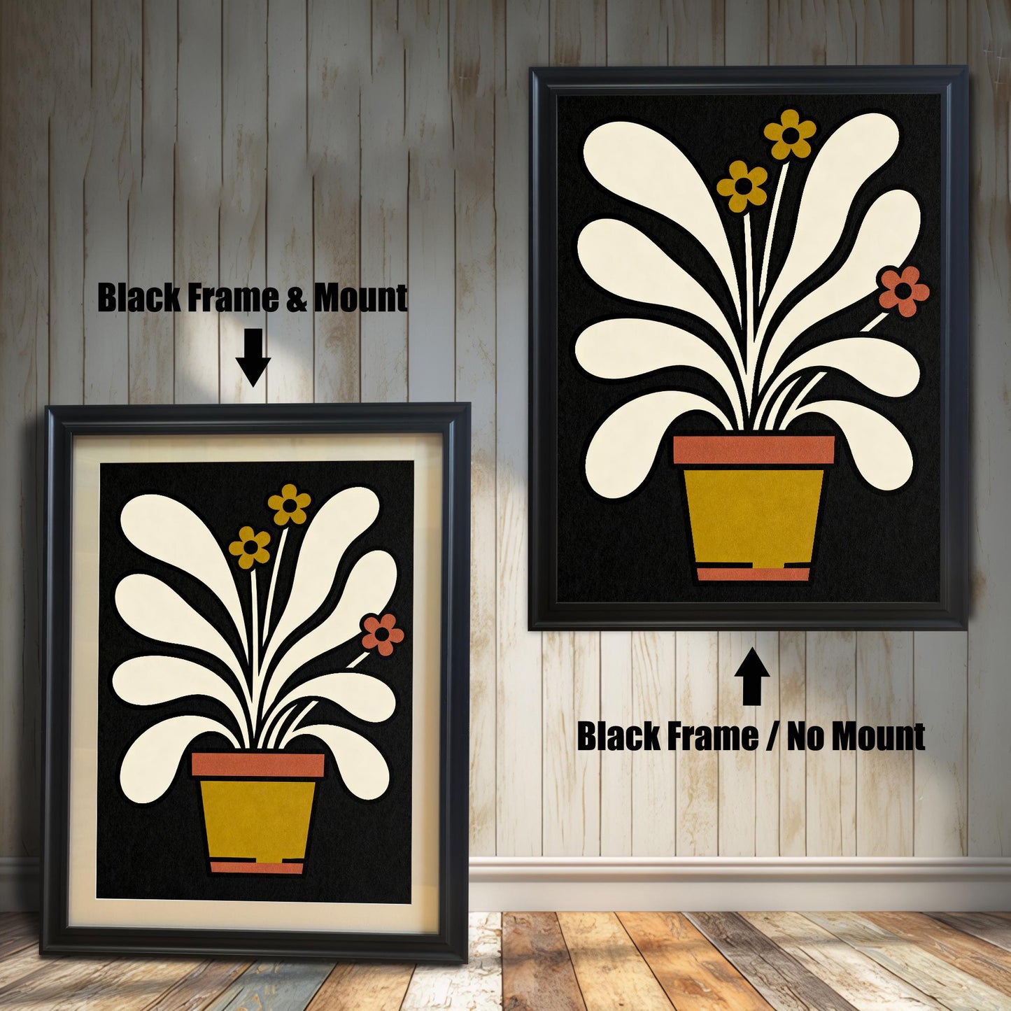 A side-by-side comparison of the abstract potted plant art print in a Black wood frame. The left image shows the frame with a Mount (mat), and the right image shows the frame without a mount.