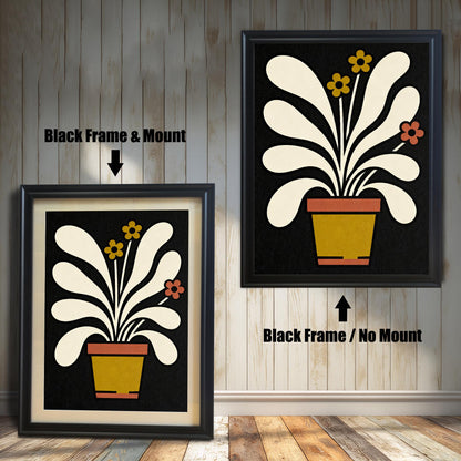 A side-by-side comparison of the abstract potted plant art print in a Black wood frame. The left image shows the frame with a Mount (mat), and the right image shows the frame without a mount.