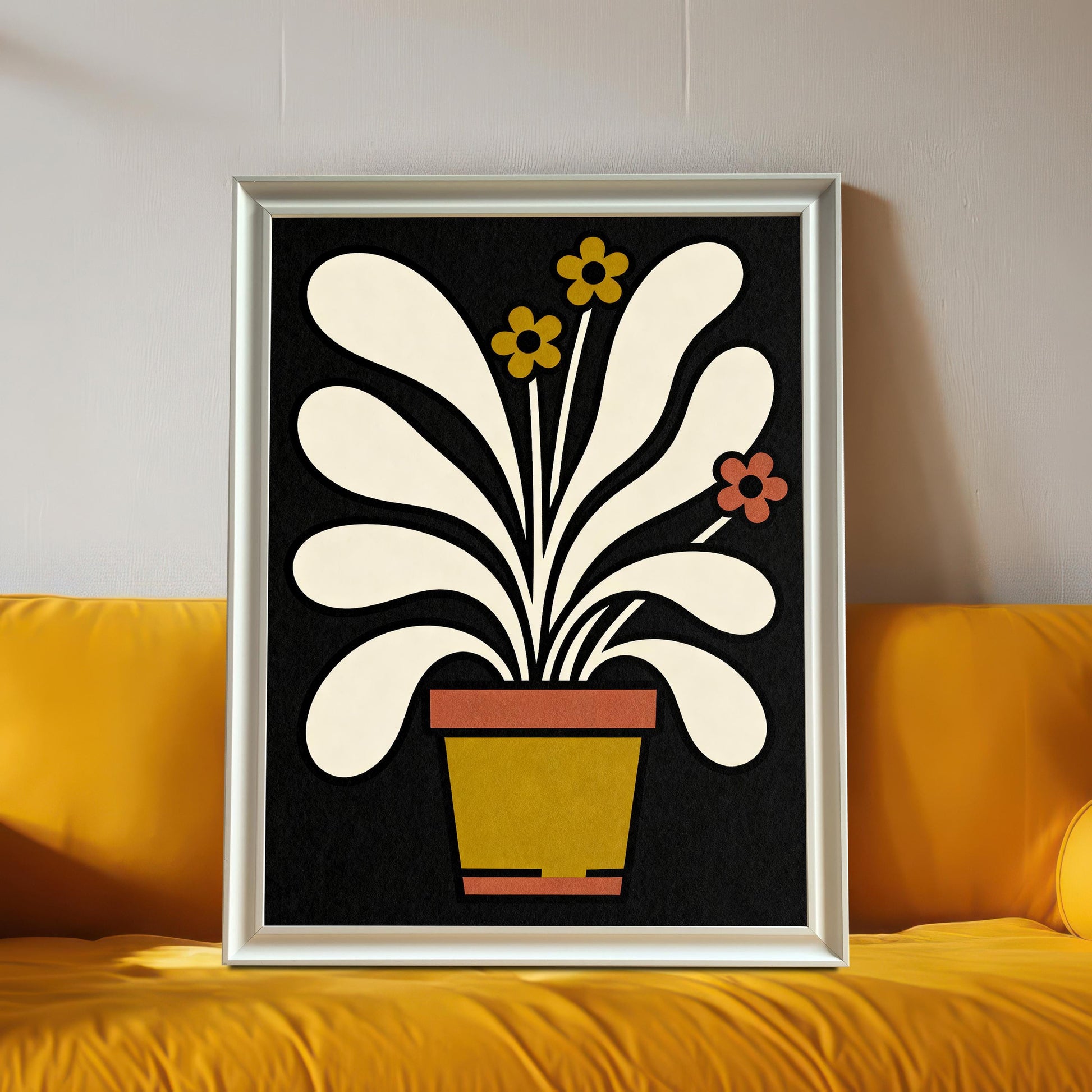 Mock-up of the abstract potted plant art print in a White or Silver frame, propped up on a vibrant yellow sofa.