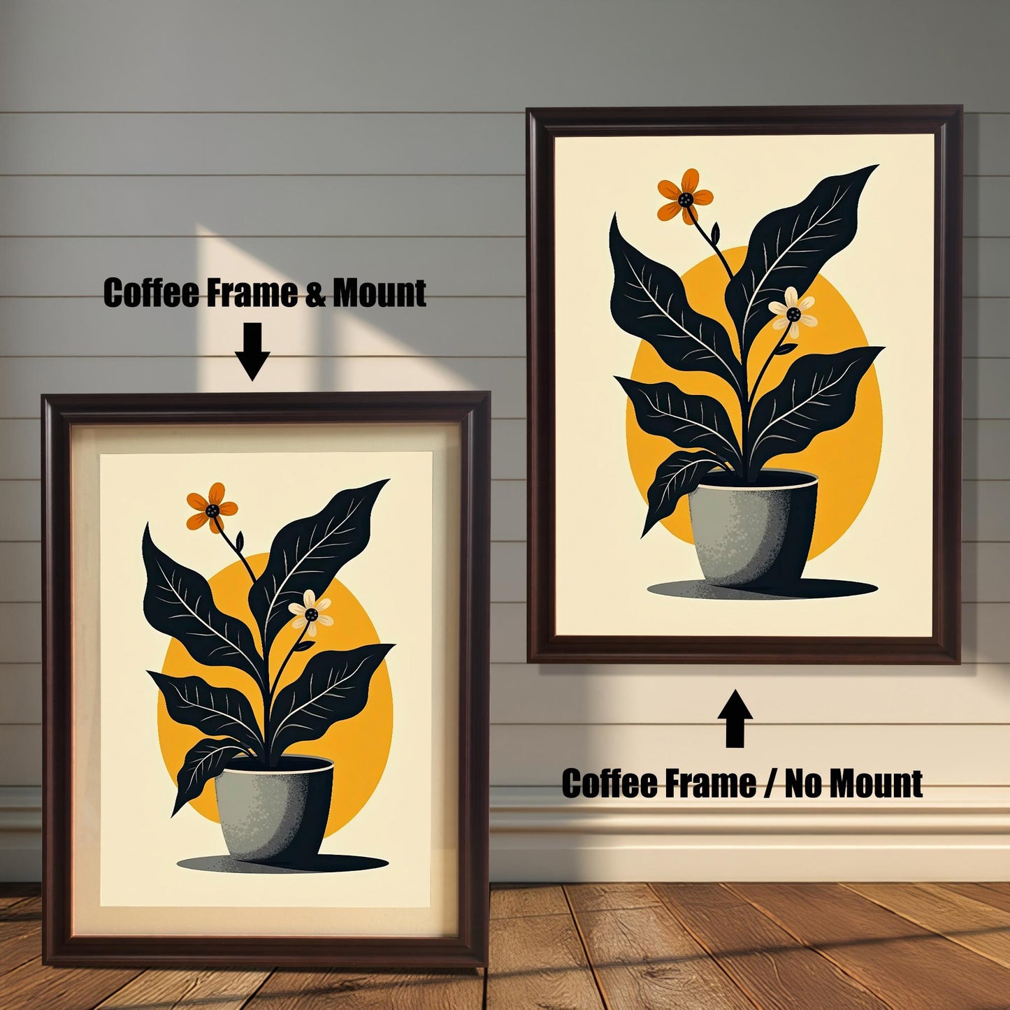 A side-by-side comparison of the abstract potted plant art print in a Coffee-colored wood frame. The left image shows the frame with a Mount (mat), and the right image shows the frame without a mount.