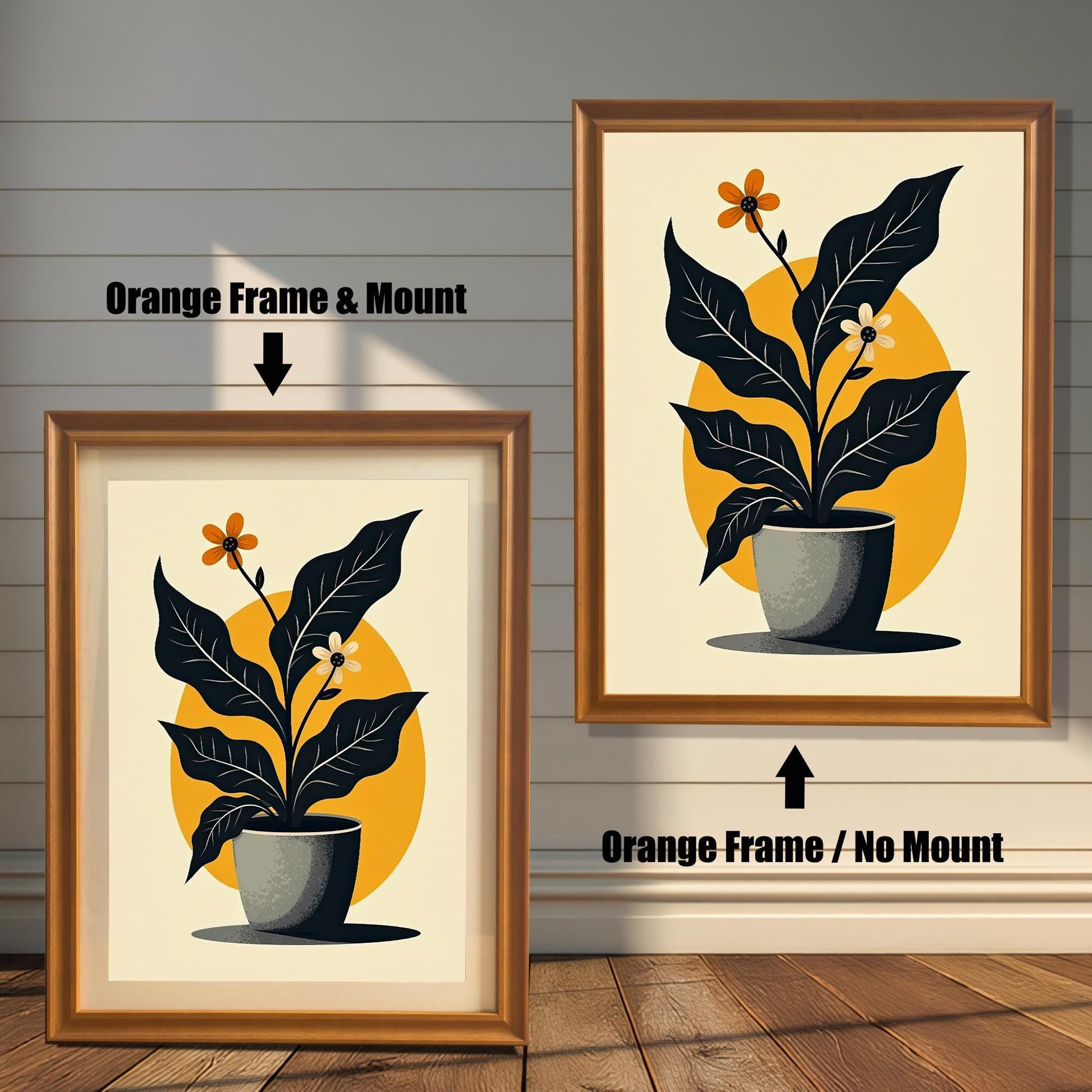 A side-by-side comparison of the abstract potted plant art print in an Orange-colored wood frame. The left image shows the frame with a Mount (mat), and the right image shows the frame without a mount.