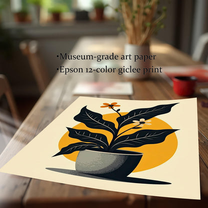 A close-up view of the unframed abstract potted plant art print laying on a wooden table, emphasizing the print quality. Text notes Museum-grade art paper and Epson 12-color giclee print.