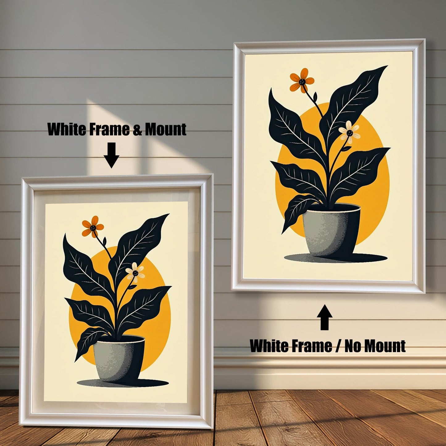 A side-by-side comparison of the abstract potted plant art print in a White wood frame. The left image shows the frame with a Mount (mat), and the right image shows the frame without a mount.