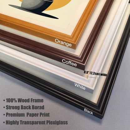 Close-up stacked view of the four available wood frame colors: Orange, Coffee, White, and Black. Text highlights frame features: 100% Wood Frame, Strong Back Board, Premium Paper Print, Highly Transparent Plexiglass, and 0.9"" (2.2cm) width.