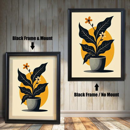 A side-by-side comparison of the abstract potted plant art print in a Black wood frame. The left image shows the frame with a Mount (mat), and the right image shows the frame without a mount.