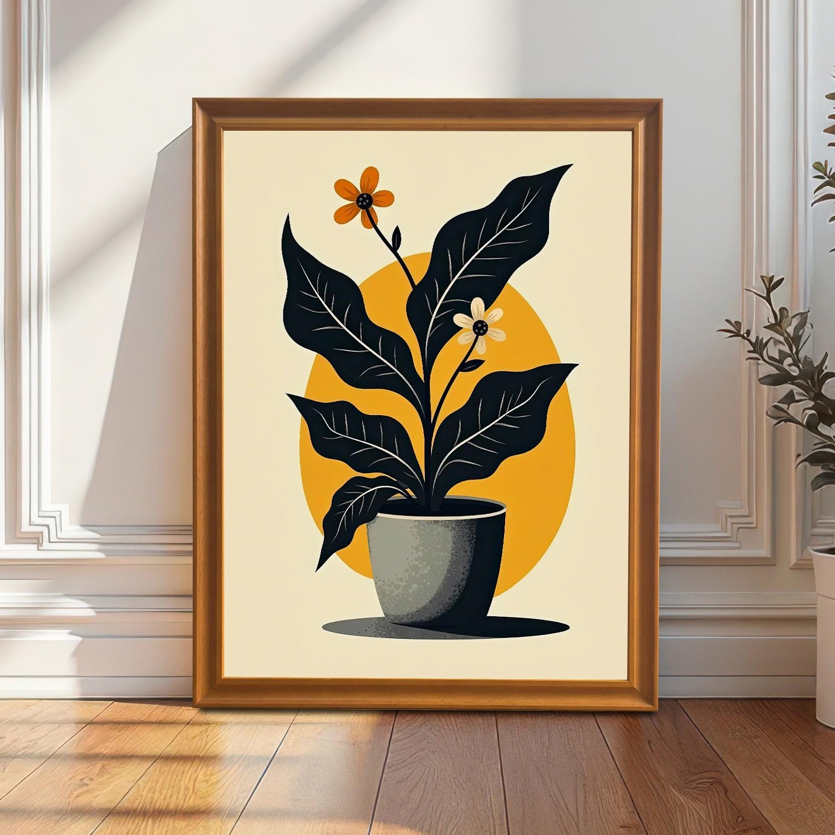 Full-view mock-up of the abstract potted plant art print displayed in an Orange/Natural Wood frame, leaning against a white wainscoting wall on a wooden floor.