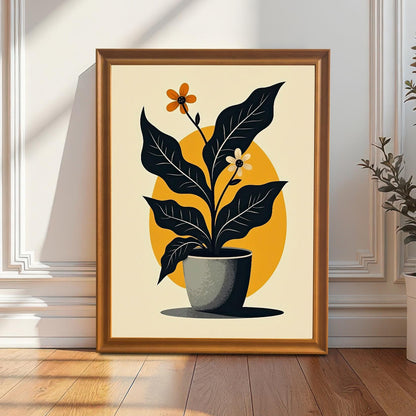 Full-view mock-up of the abstract potted plant art print displayed in an Orange/Natural Wood frame, leaning against a white wainscoting wall on a wooden floor.