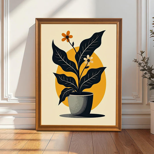 Full-view mock-up of the abstract potted plant art print displayed in an Orange/Natural Wood frame, leaning against a white wainscoting wall on a wooden floor.
