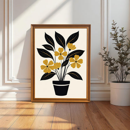 Full-view mock-up of the abstract yellow and black potted plant art print displayed in an Orange/Natural Wood frame, leaning against a white wainscoting wall on a wooden floor.