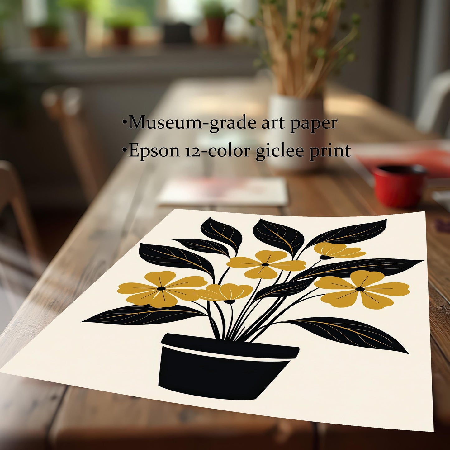 A close-up view of the unframed yellow and black floral art print laying on a wooden table, emphasizing the print quality. Text notes Museum-grade art paper and Epson 12-color giclee print.