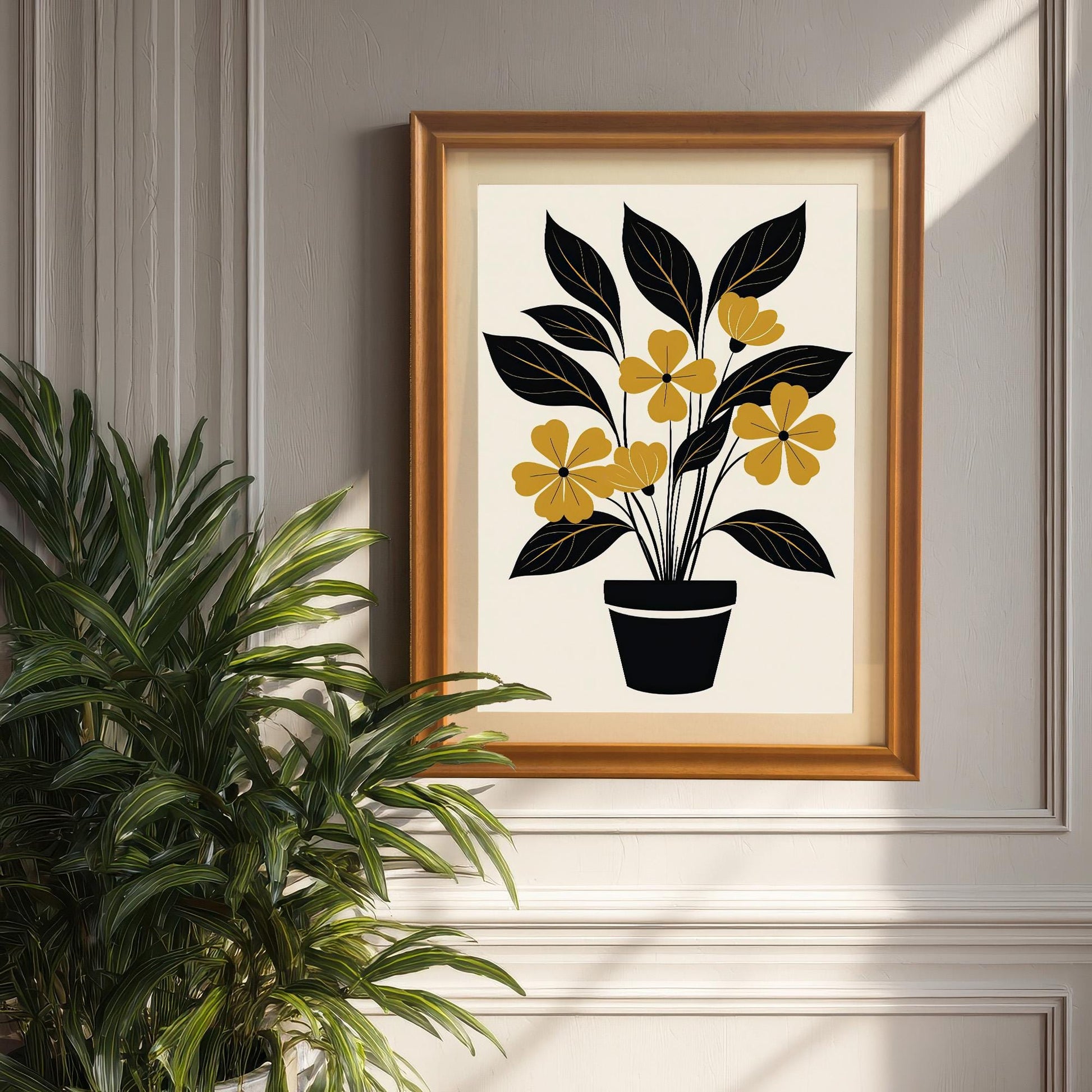 Mock-up of the abstract yellow and black potted plant art print displayed in an Orange/Natural Wood frame, hanging on a gray paneled wall next to a large indoor plant.