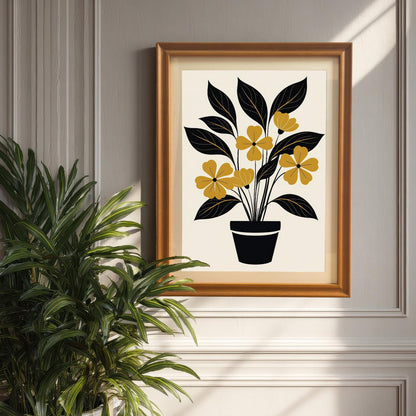 Mock-up of the abstract yellow and black potted plant art print displayed in an Orange/Natural Wood frame, hanging on a gray paneled wall next to a large indoor plant.