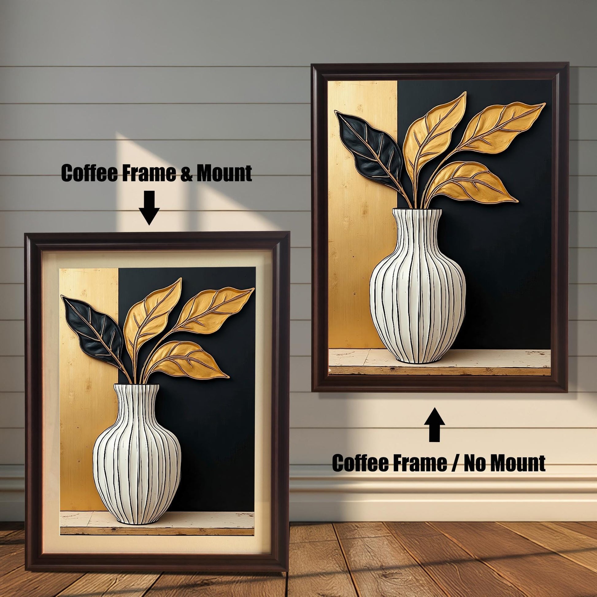Abstract art print of a white striped vase holding black and gold leaves, set against a split gold and black background. Shown with a Coffee-colored frame, in options with a mount (mat) and without.