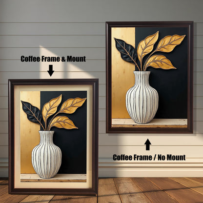 Abstract art print of a white striped vase holding black and gold leaves, set against a split gold and black background. Shown with a Coffee-colored frame, in options with a mount (mat) and without.