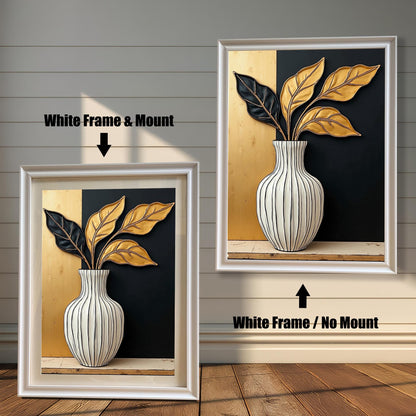 Abstract art print of a white striped vase holding black and gold leaves, set against a split gold and black background. Shown with a White frame, in options with a mount (mat) and without.