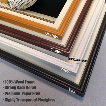 Close-up corner view of the four available wood frame colors: Black, White, Coffee (dark brown), and Orange (light brown/gold). Frame width is 0.9 inches (2.2cm). Text highlights the use of a 100% Wood Frame and Highly Transparent Plexiglass.