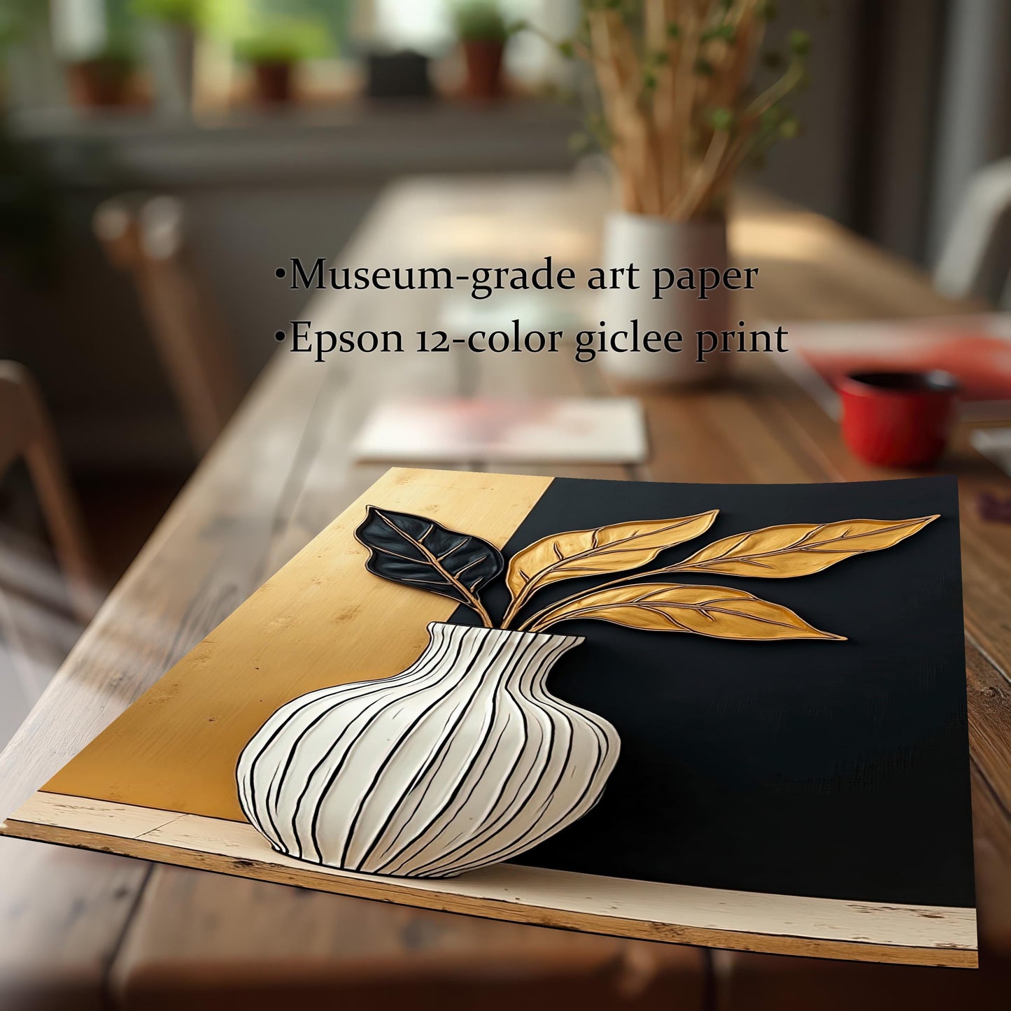 Close-up view of the unframed print with a white striped vase and black and gold leaves on a split background, emphasizing the print quality. Text notes: Museum-grade art paper, Epson 12-color giclee print.