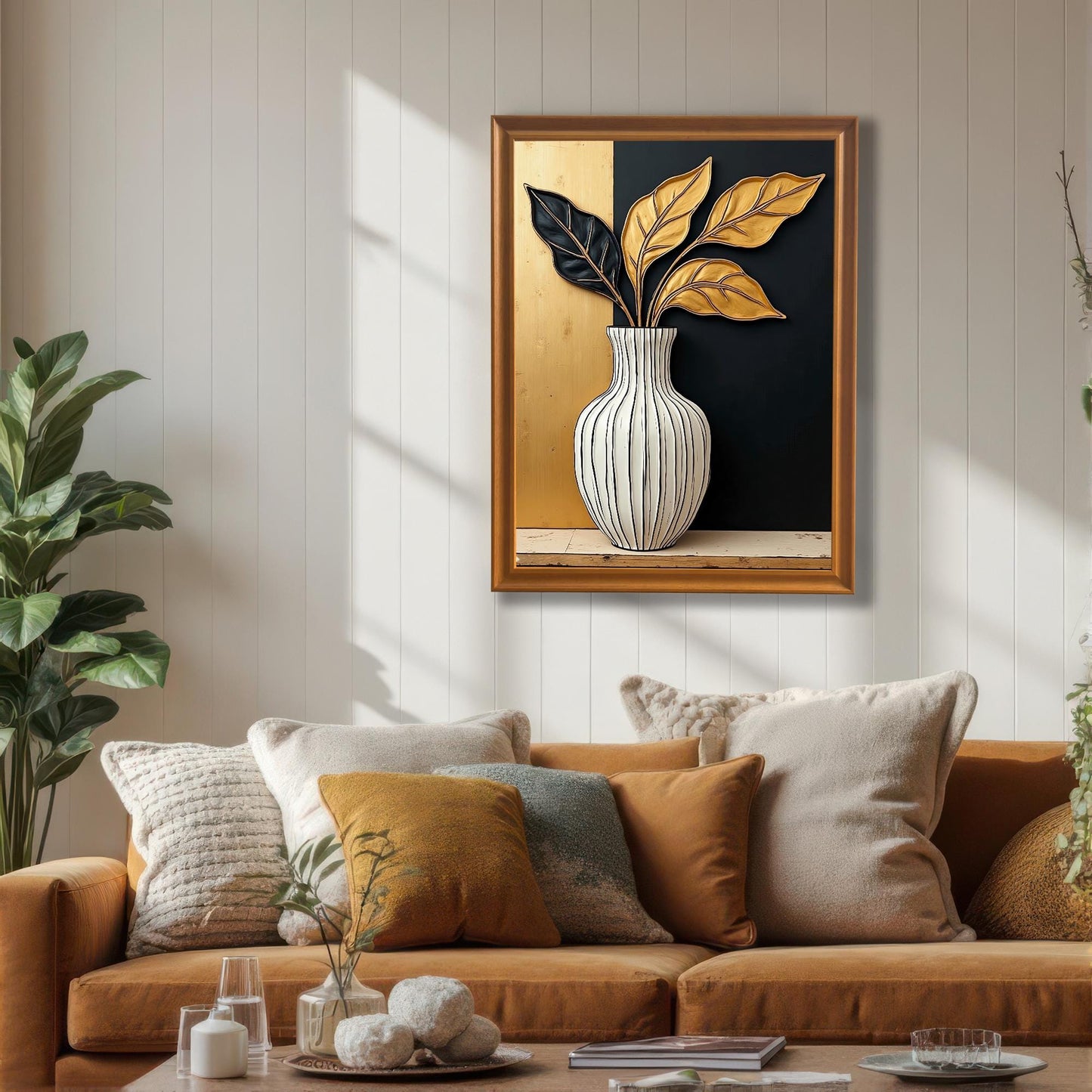 Framed black and gold leaf art print hanging on a white plank wall above a rust-colored couch with multiple pillows. The frame is a gold/orange wood color.