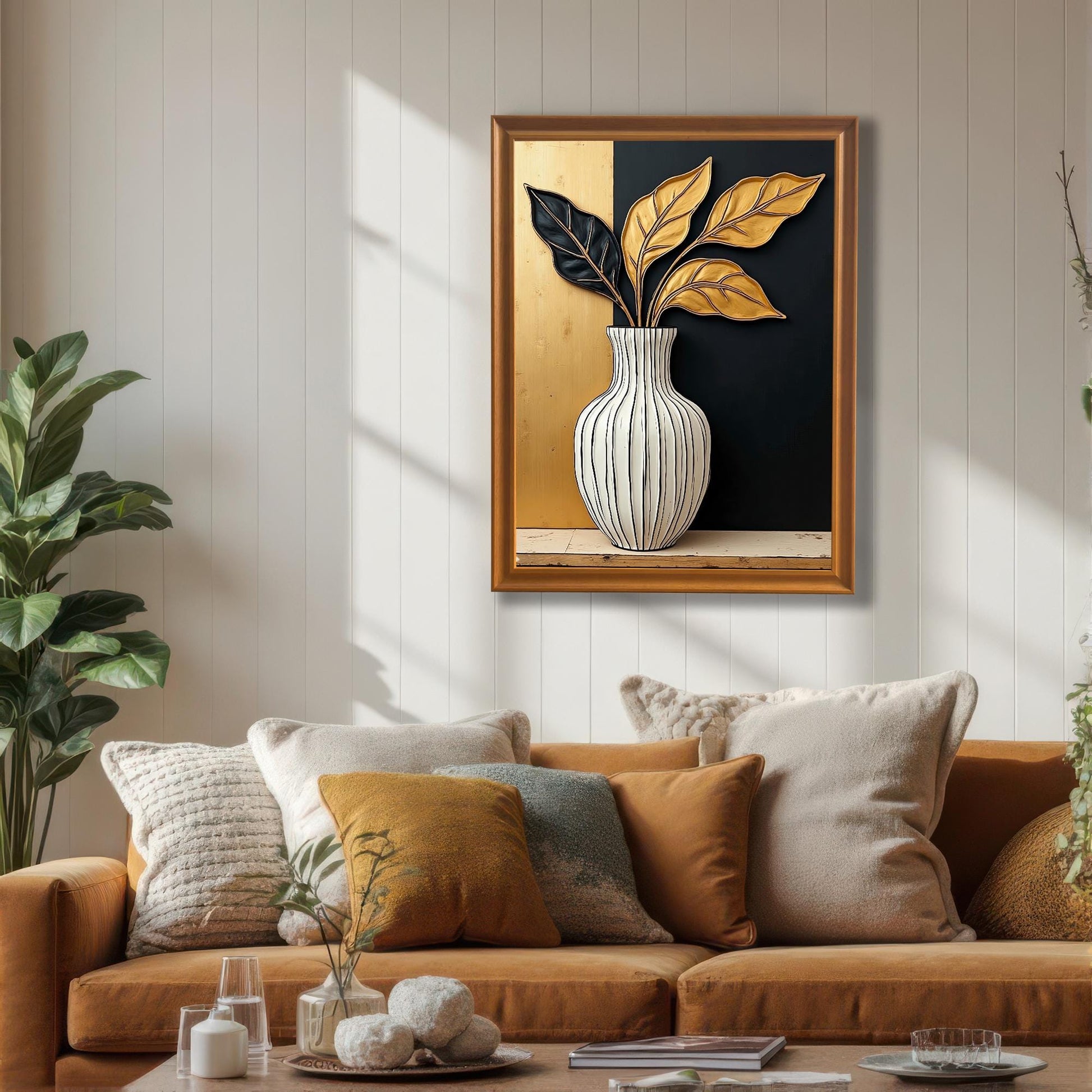 Framed black and gold leaf art print hanging on a white plank wall above a rust-colored couch with multiple pillows. The frame is a gold/orange wood color.