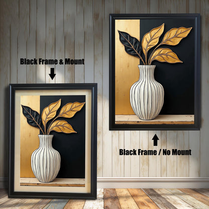 Abstract art print of a white striped vase holding black and gold leaves, set against a split gold and black background. Shown with a Black frame, in options with a mount (mat) and without.