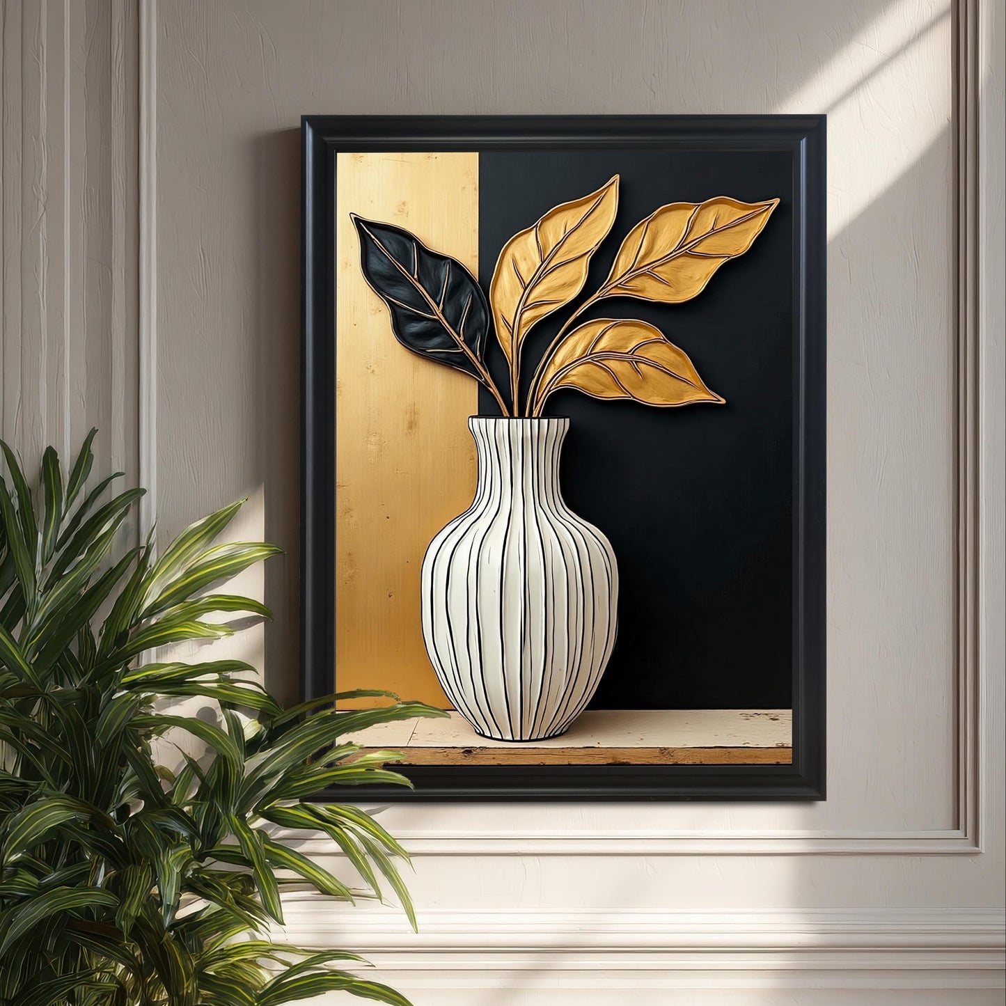 Black framed art print of a white striped vase holding black and gold leaves, hanging on a gray-paneled wall next to a large green houseplant.