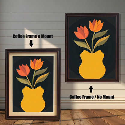 Art print featuring orange and red tulips in a yellow vase on a dark background, shown in a Coffee-colored frame. One print is shown with a light mount (mat) and one without a mount.