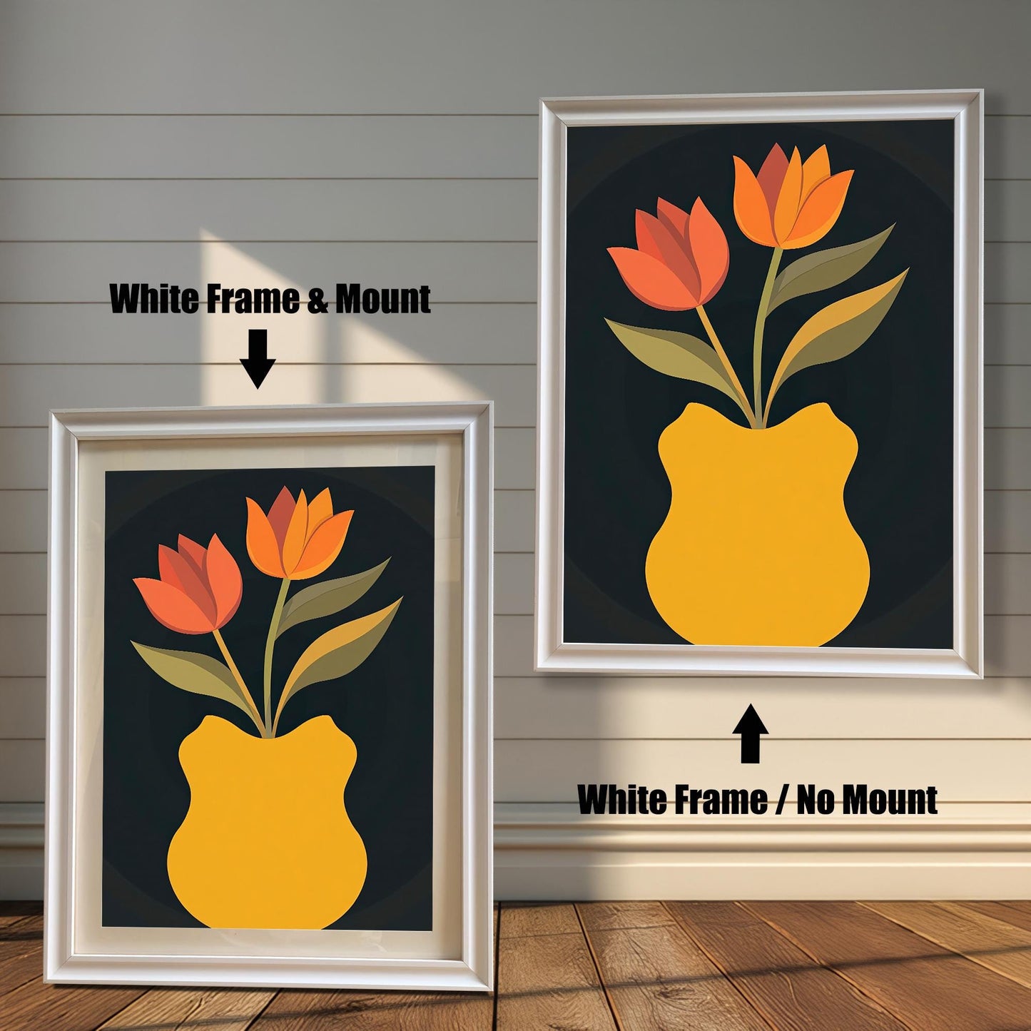 Art print featuring orange and red tulips in a yellow vase on a dark background, shown in a White frame. One print is shown with a light mount (mat) and one without a mount.