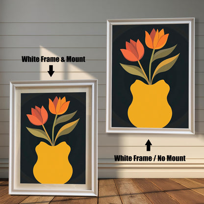 Art print featuring orange and red tulips in a yellow vase on a dark background, shown in a White frame. One print is shown with a light mount (mat) and one without a mount.
