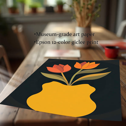 Close-up view of the unframed print with orange tulips and a yellow vase on a dark background, emphasizing the print quality. Text notes: Museum-grade art paper, Epson 12-color giclee print.