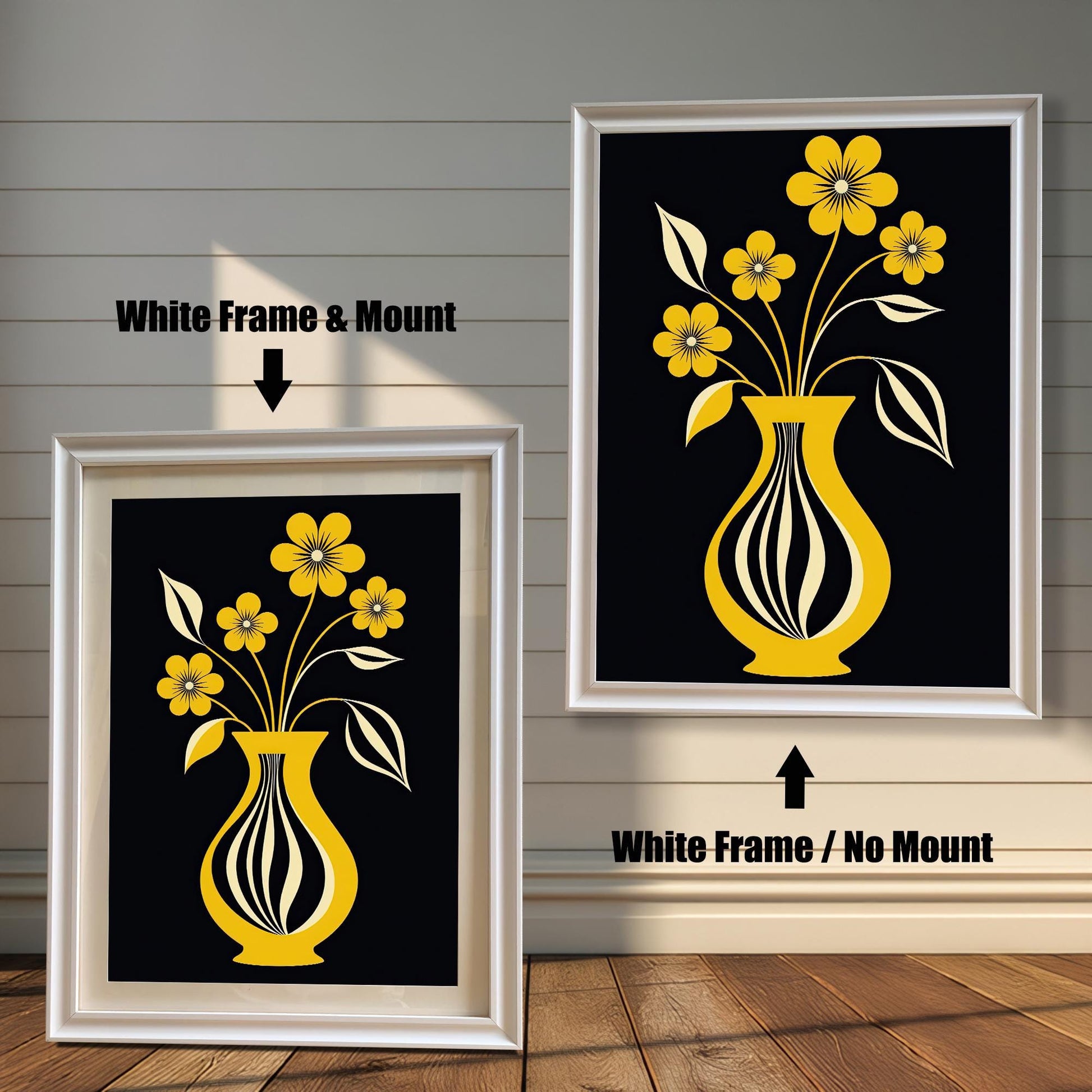 Mid-century modern style art print featuring yellow flowers in a striped yellow vase on a black background, shown in a White frame. One has a light mount (mat) and one does not.