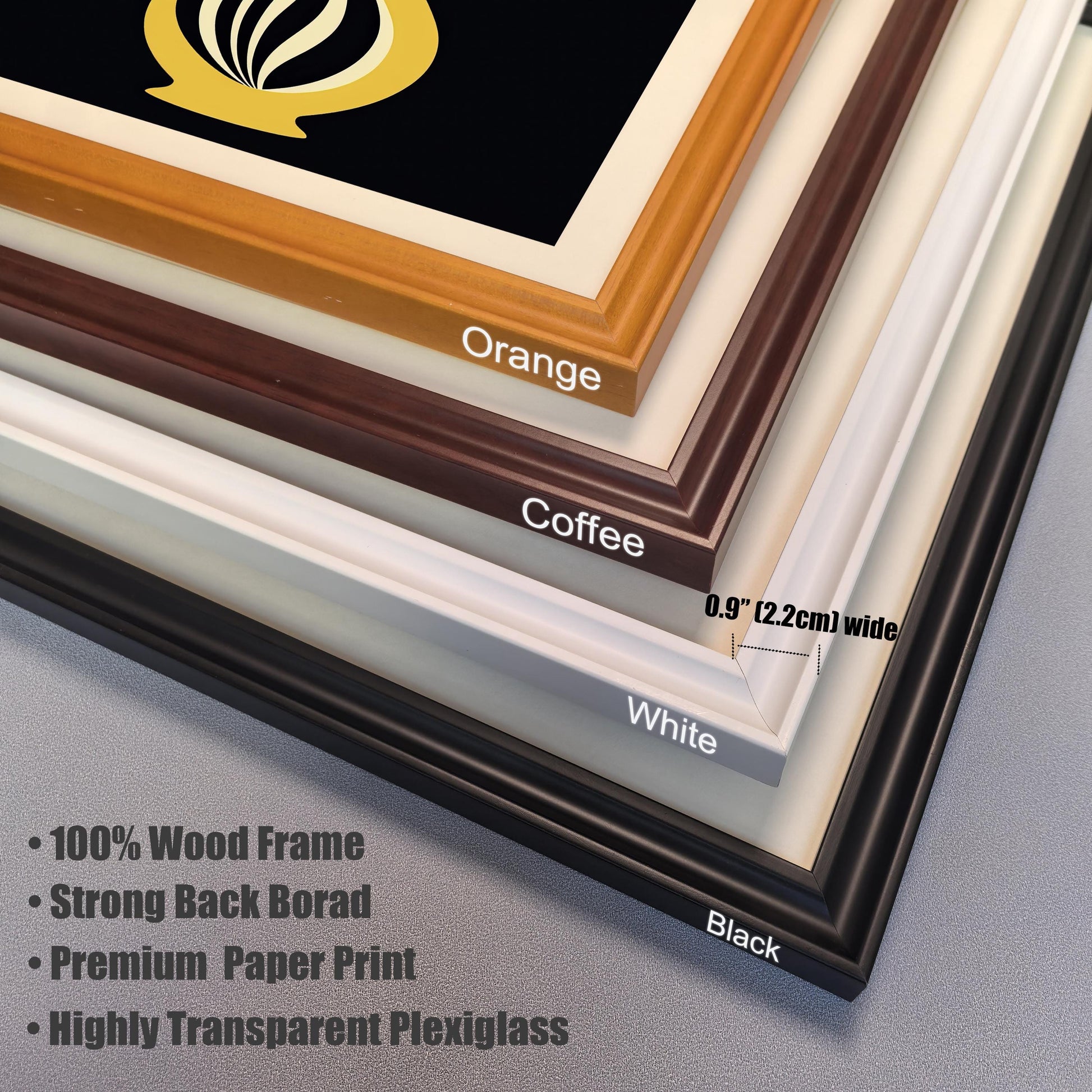 Close-up corner view of the four available wood frame colors: Black, White, Coffee (dark brown), and Orange (light brown/gold). Frame width is 0.9 inches (2.2cm). Text highlights frame material and print quality.