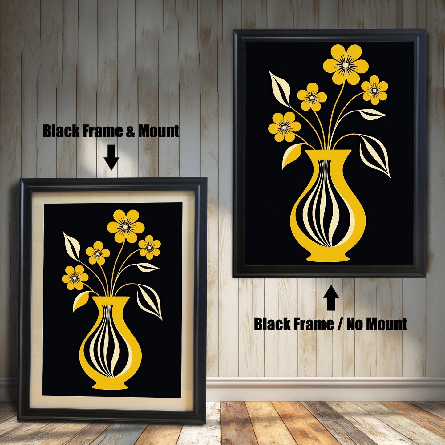 Mid-century modern style art print featuring yellow flowers in a striped yellow vase on a black background, shown in a Black frame. One has a light mount (mat) and one does not.