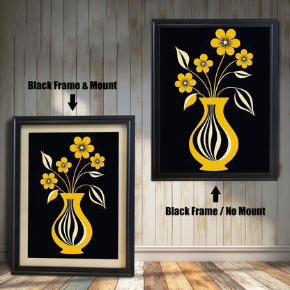 Mid-century modern style art print featuring yellow flowers in a striped yellow vase on a black background, shown in a Black frame. One has a light mount (mat) and one does not.