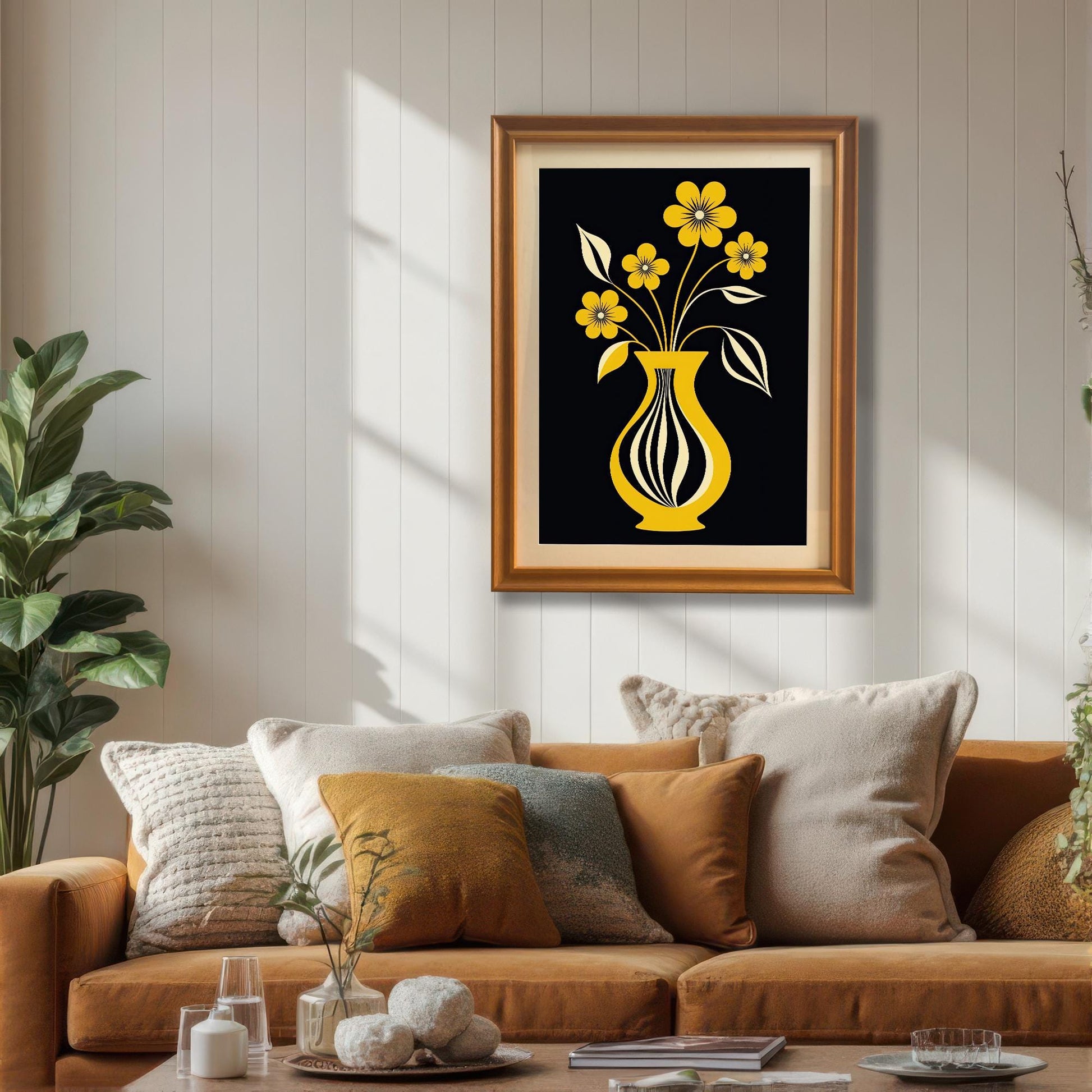 Framed yellow flower and vase art print hanging on a white plank wall above a rust-colored couch with multiple pillows. The frame is a gold/orange wood color.