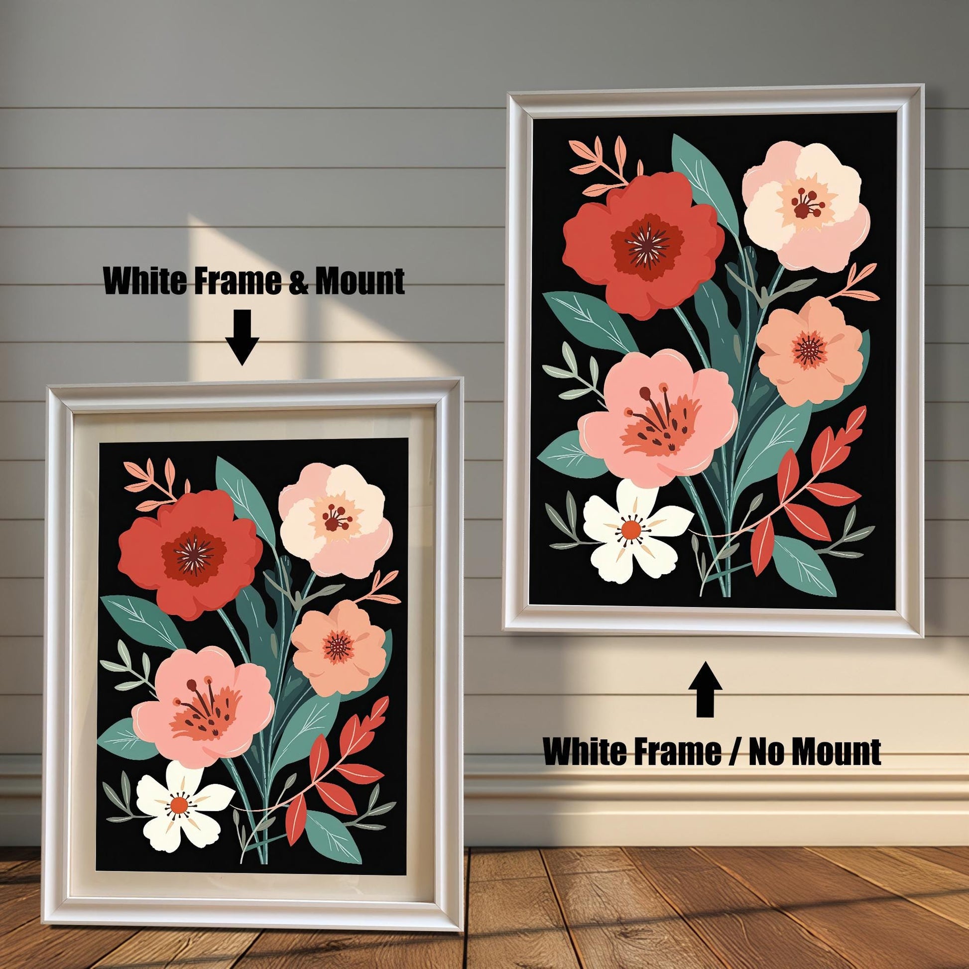 Floral art print with white frame options. One print is shown with a light-colored mount (mat), and one without a mount, both in a white frame.