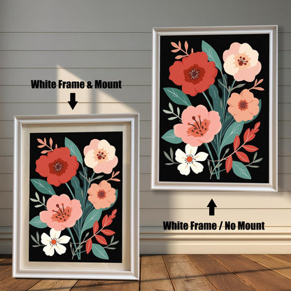 Floral art print with white frame options. One print is shown with a light-colored mount (mat), and one without a mount, both in a white frame.