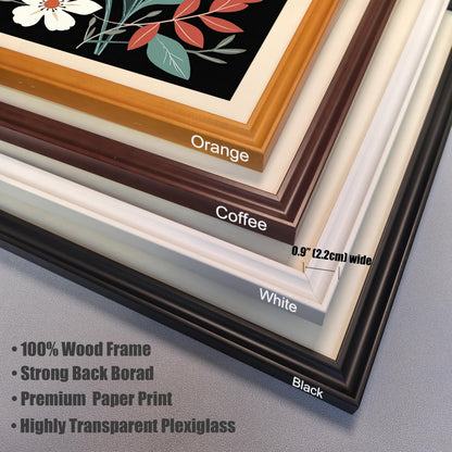 Close-up corner view of the four available wood frame colors: Black, White, Coffee (dark brown), and Orange (light brown/gold). Frame width is indicated as 0.9 inches (2.2cm). Text highlights: 100% Wood Frame, Strong Back Board, Premium Paper Print, Highly Transparent Plexiglass.