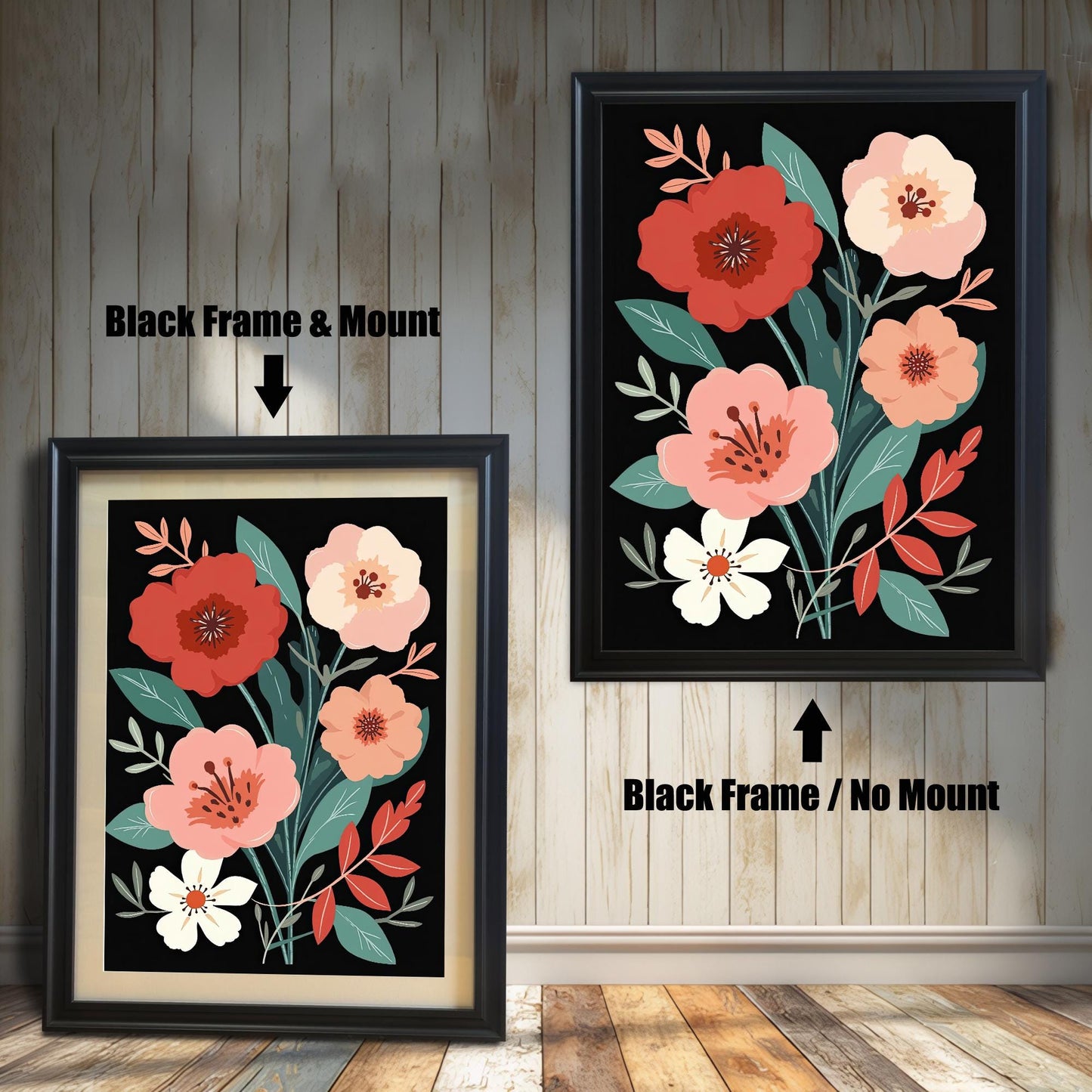 Floral art print with black frame options. One print is shown with a light-colored mount (mat), and one without a mount, both in a black frame.