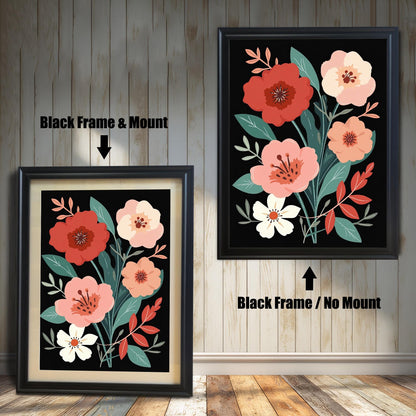 Floral art print with black frame options. One print is shown with a light-colored mount (mat), and one without a mount, both in a black frame.