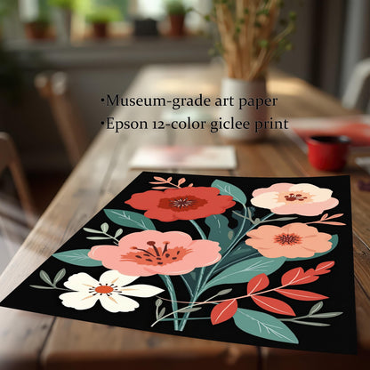 Close-up view of the unframed floral art print on a wooden table, emphasizing the print quality. Text notes: Museum-grade art paper, Epson 12-color giclee print.