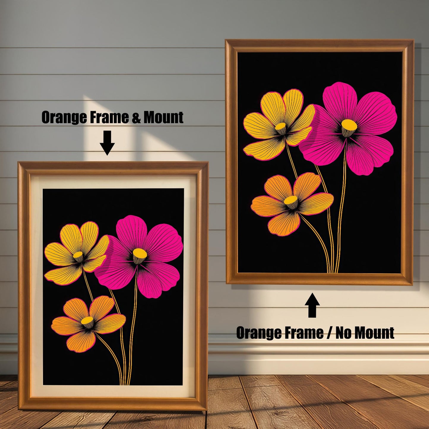 Abstract neon floral art print in an Orange colored wood frame with a mount/mat (left) and without a mount/mat (right). The print features three stylized flowers in bright pink and yellow-orange.