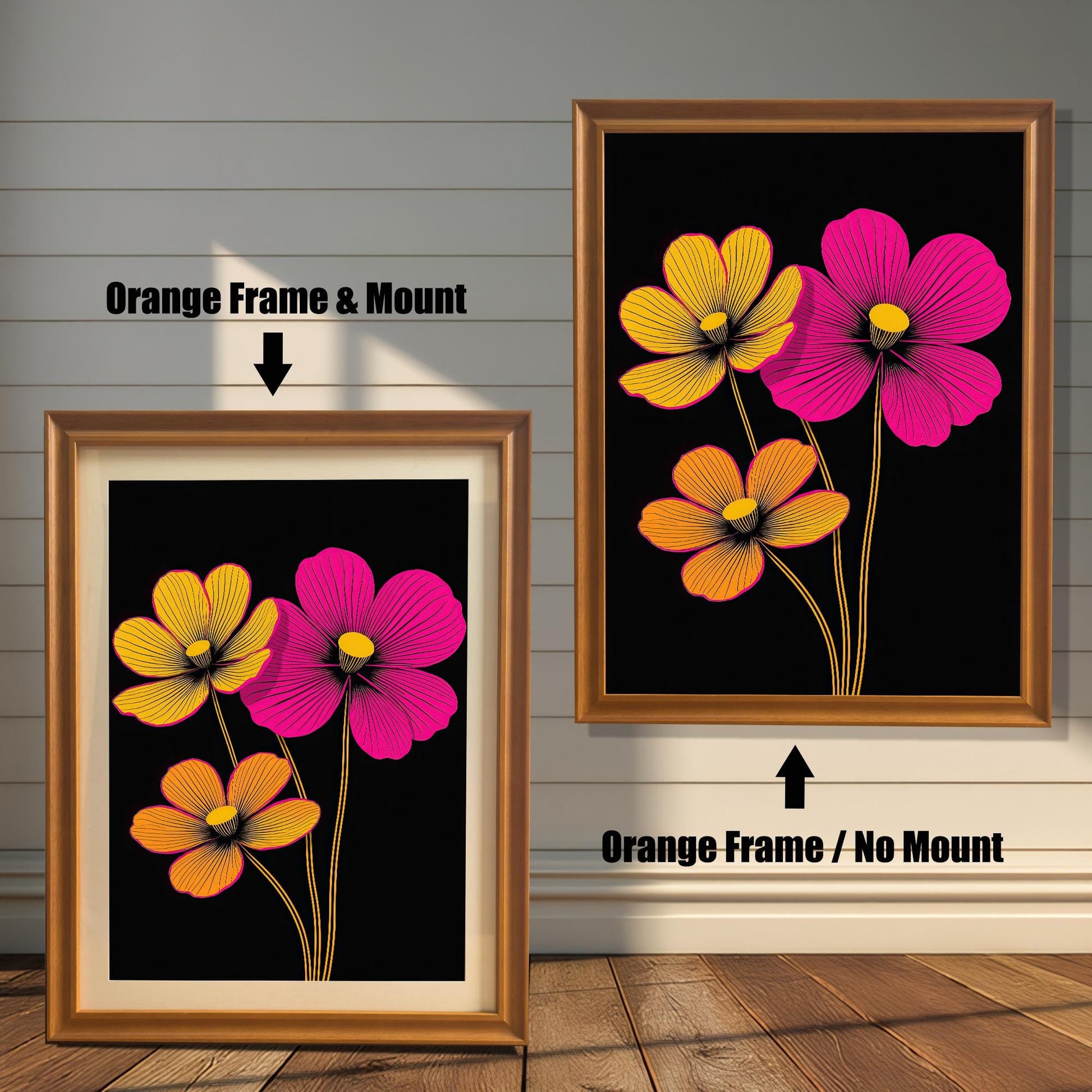 Abstract neon floral art print in an Orange colored wood frame with a mount/mat (left) and without a mount/mat (right). The print features three stylized flowers in bright pink and yellow-orange.