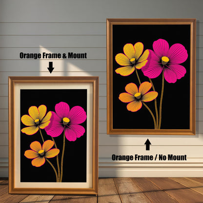 Abstract neon floral art print in an Orange colored wood frame with a mount/mat (left) and without a mount/mat (right). The print features three stylized flowers in bright pink and yellow-orange.