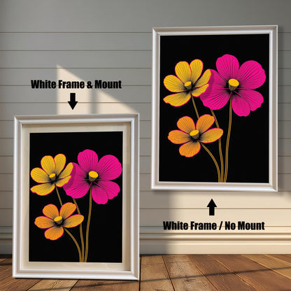 Abstract neon floral art print in a White colored wood frame with a mount/mat (left) and without a mount/mat (right). The high-contrast print features hot pink and bright orange flowers on black.