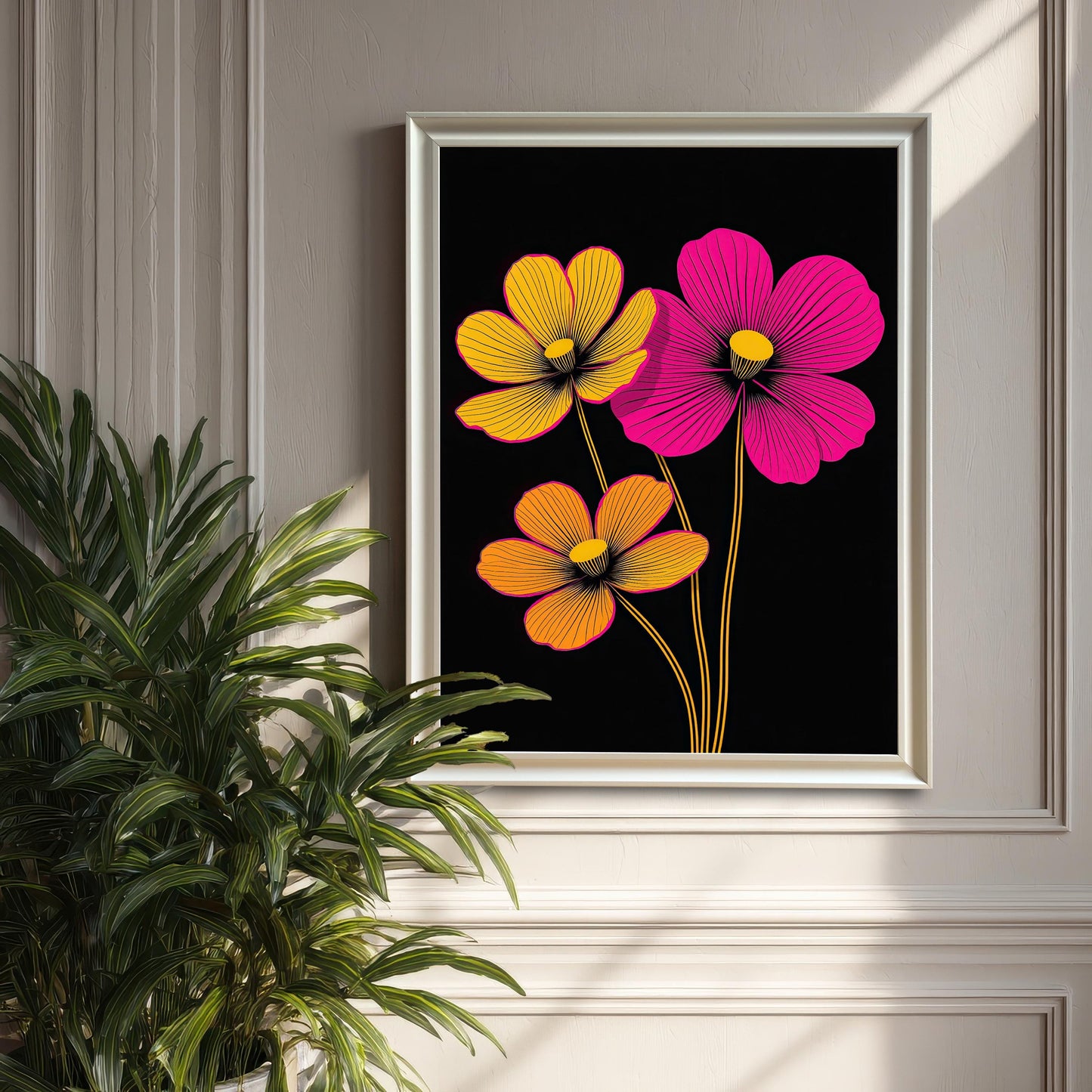 Modern neon floral print in a White frame hanging on a gray panelled wall. A large green potted plant is in the foreground, creating a contrast.