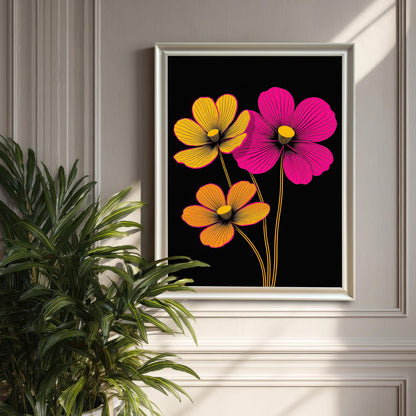 Modern neon floral print in a White frame hanging on a gray panelled wall. A large green potted plant is in the foreground, creating a contrast.